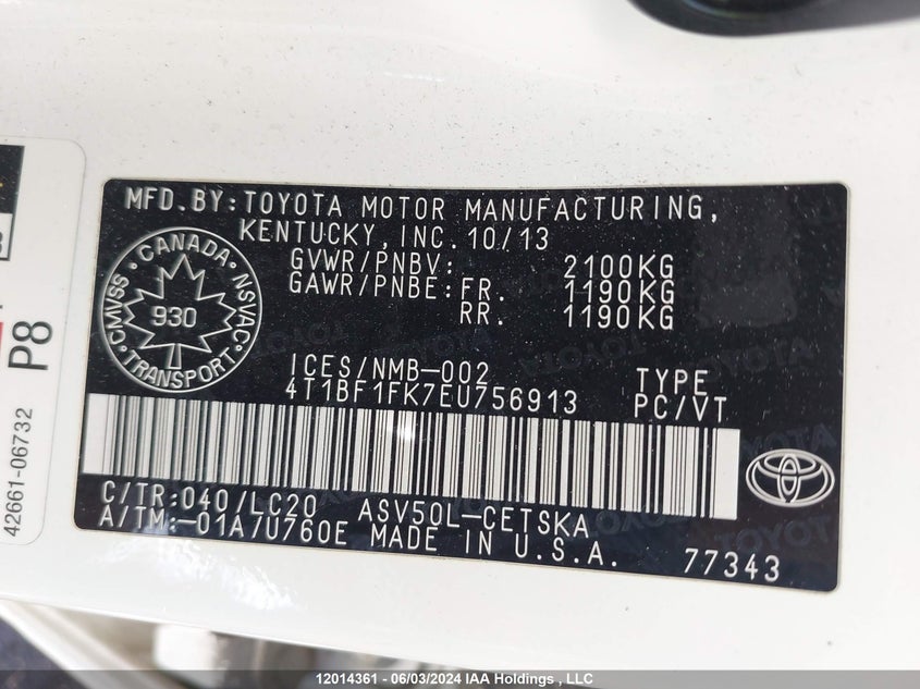 2014 Toyota Camry Le/Se/Xle VIN: 4T1BF1FK7EU756913 Lot: 12014361