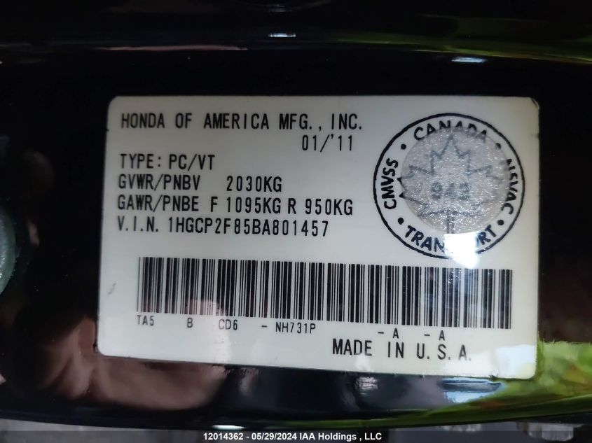 2011 Honda Accord Sedan VIN: 1HGCP2F85BA801457 Lot: 12014362