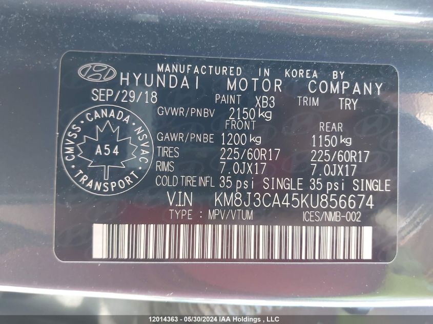 2019 Hyundai Tucson Preferred VIN: KM8J3CA45KU856674 Lot: 12014363