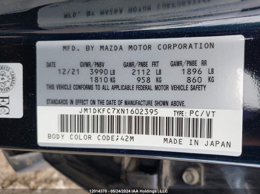 2022 Mazda Cx-3 VIN: JM1DKFC7XN1602395 Lot: 12014370