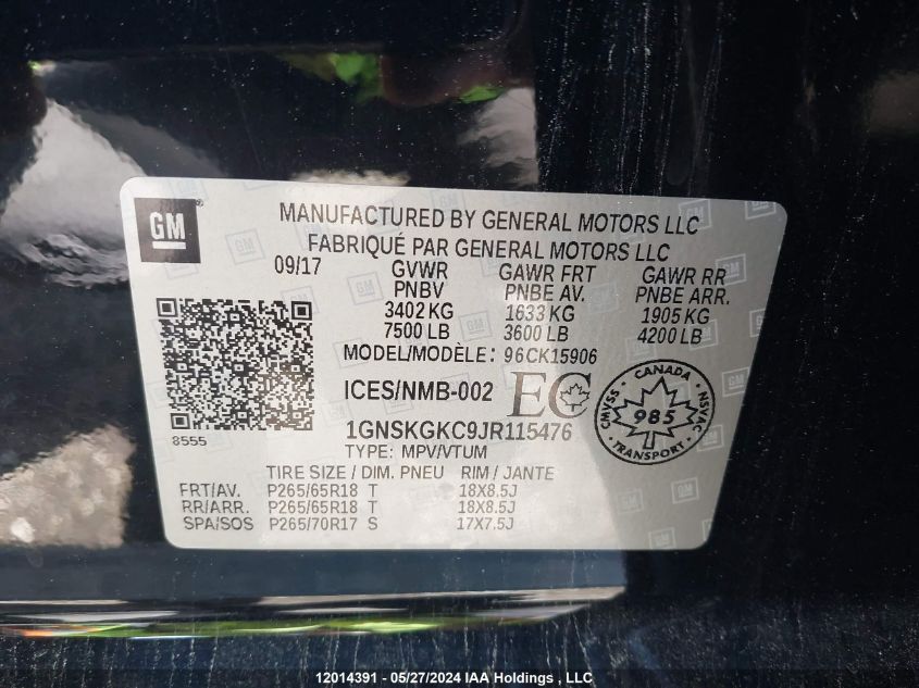 2018 Chevrolet Suburban VIN: 1GNSKGKC9JR115476 Lot: 12014391