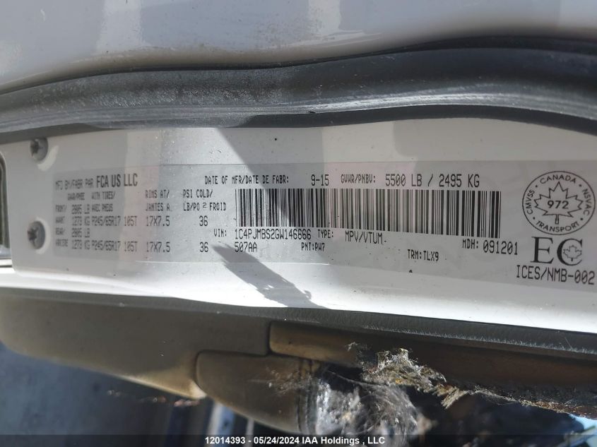 2016 Jeep Cherokee Trailhawk VIN: 1C4PJMBS2GW146666 Lot: 12014393