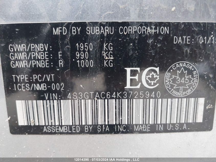 2019 Subaru Impreza Premium VIN: 4S3GTAC64K3725940 Lot: 12014395
