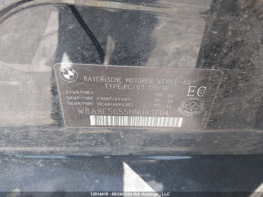 2017 BMW 320 Xi VIN: WBA8E5G55HNU41704 Lot: 12014418