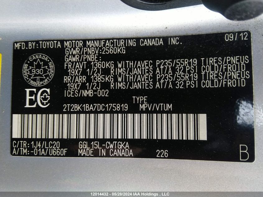 2013 Lexus Rx 350/Base/F Sport VIN: 2T2BK1BA7DC175819 Lot: 12014432