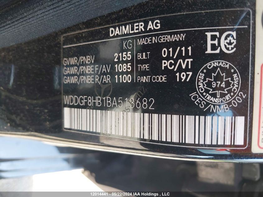 2011 Mercedes-Benz C-Class VIN: WDDGF8HB1BA513682 Lot: 12014441