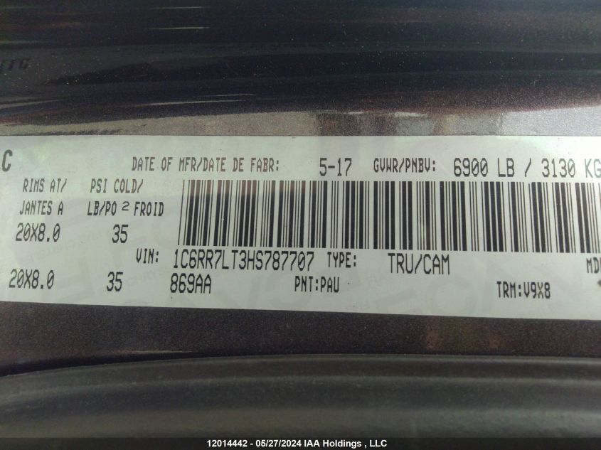 2017 Ram 1500 Slt VIN: 1C6RR7LT3HS787707 Lot: 12014442