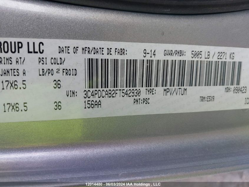 2015 Dodge Journey Cvp/Se Plus VIN: 3C4PDCAB2FT542930 Lot: 12014480