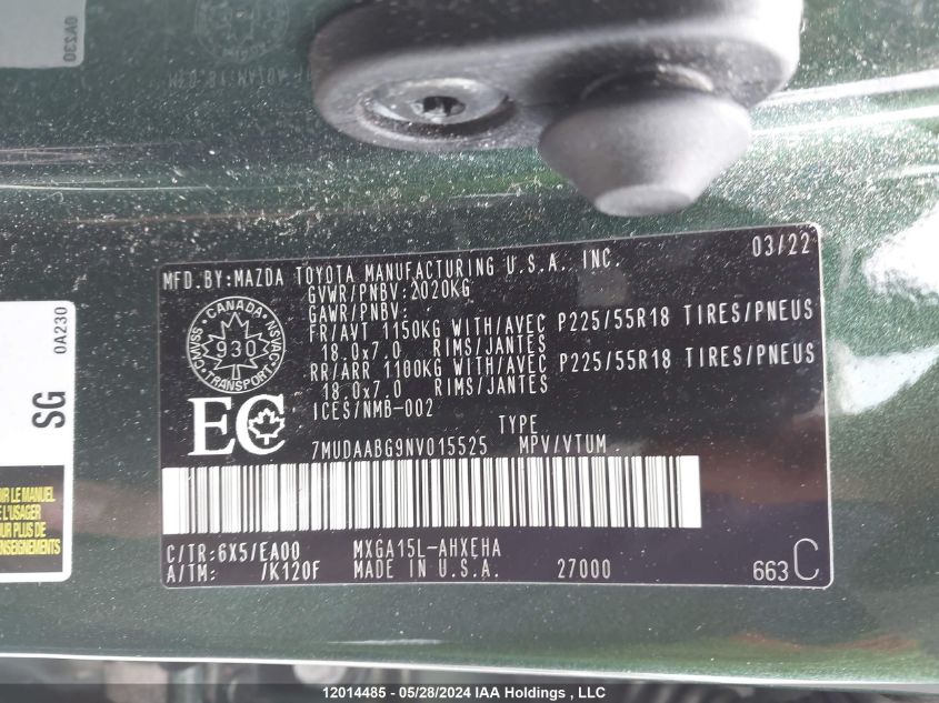 2022 Toyota Corolla Cross Xle VIN: 7MUDAABG9NV015525 Lot: 12014485