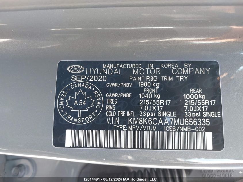 2021 Hyundai Kona Sel Plus VIN: KM8K6CAA7MU656335 Lot: 12014491