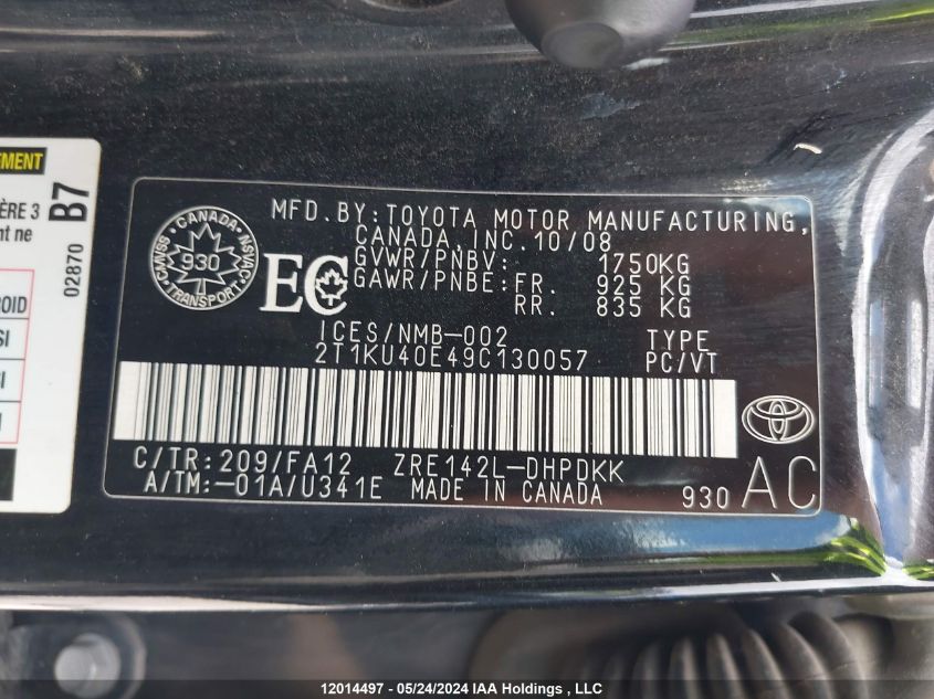 2009 Toyota Corolla Matrix VIN: 2T1KU40E49C130057 Lot: 12014497