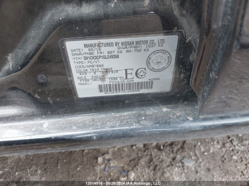 2016 Nissan Micra VIN: 3N1CK3CP1GL249358 Lot: 12014516