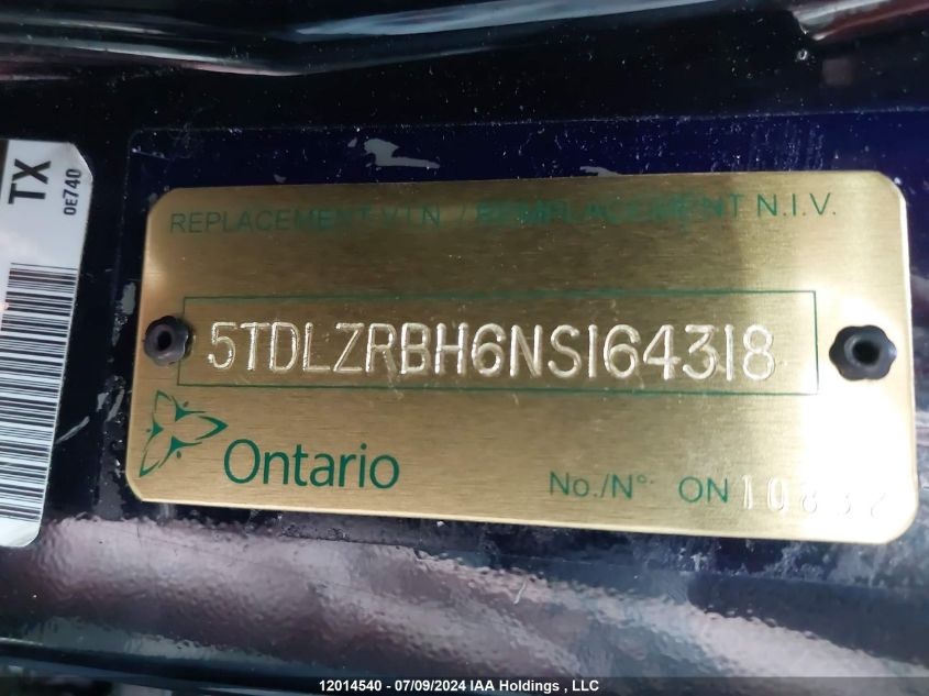 2022 Toyota Highlander VIN: 5TDLZRBH6NS164318 Lot: 12014540