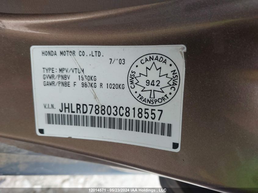 2003 Honda Cr-V VIN: JHLRD78803C818557 Lot: 12014571