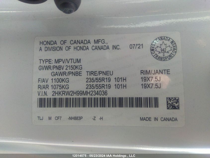 2021 Honda Cr-V VIN: 2HKRW2H99MH234036 Lot: 12014575