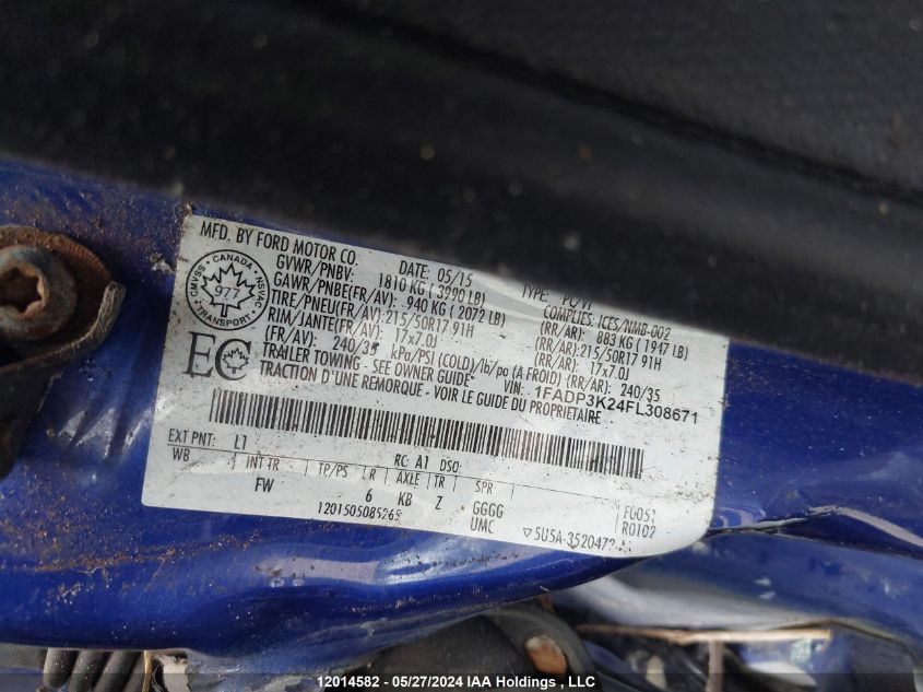 2015 Ford Focus Se VIN: 1FADP3K24FL308671 Lot: 12014582