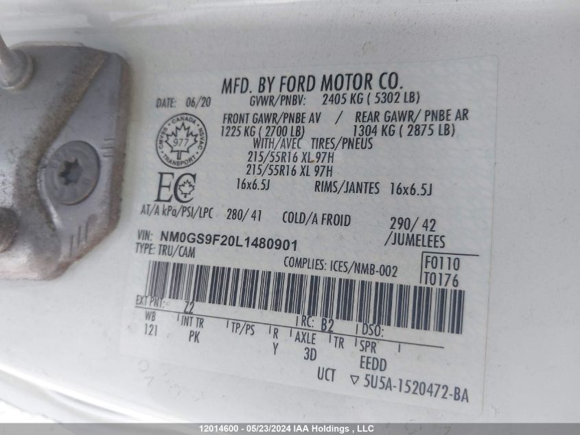 2020 Ford Transit Connect Xlt VIN: NM0GS9F20L1480901 Lot: 12014600