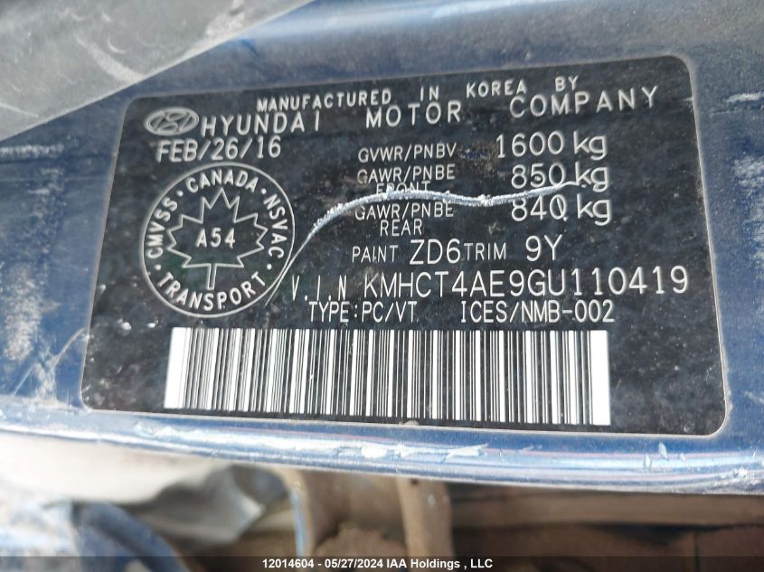 2016 Hyundai Accent Se VIN: KMHCT4AE9GU110419 Lot: 12014604