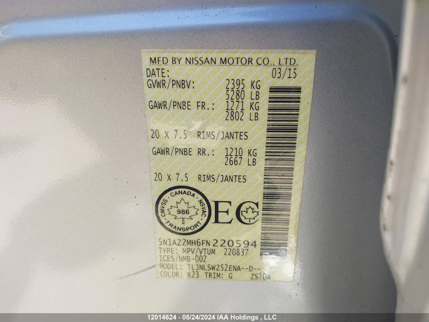 2015 Nissan Murano S/Sl/Sv/Platinum VIN: 5N1AZ2MH6FN220594 Lot: 12014624