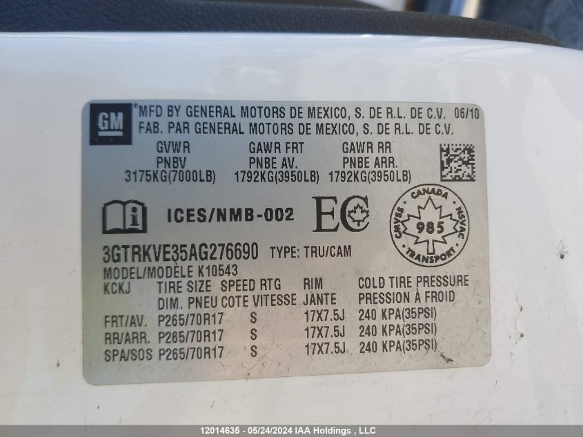 2010 GMC Sierra 1500 VIN: 3GTRKVE35AG276690 Lot: 12014635