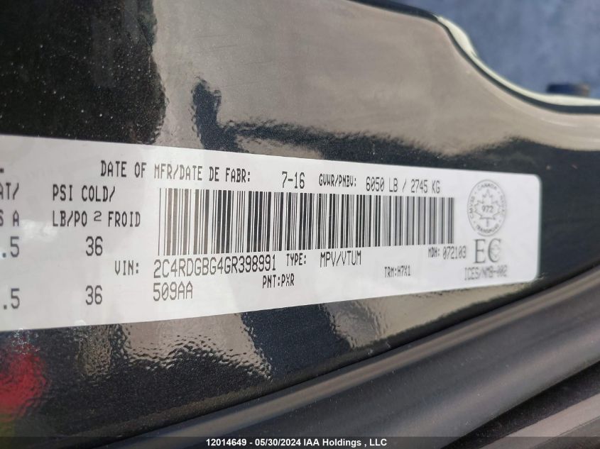 2016 Dodge Grand Caravan Se/Sxt VIN: 2C4RDGBG4GR398991 Lot: 12014649