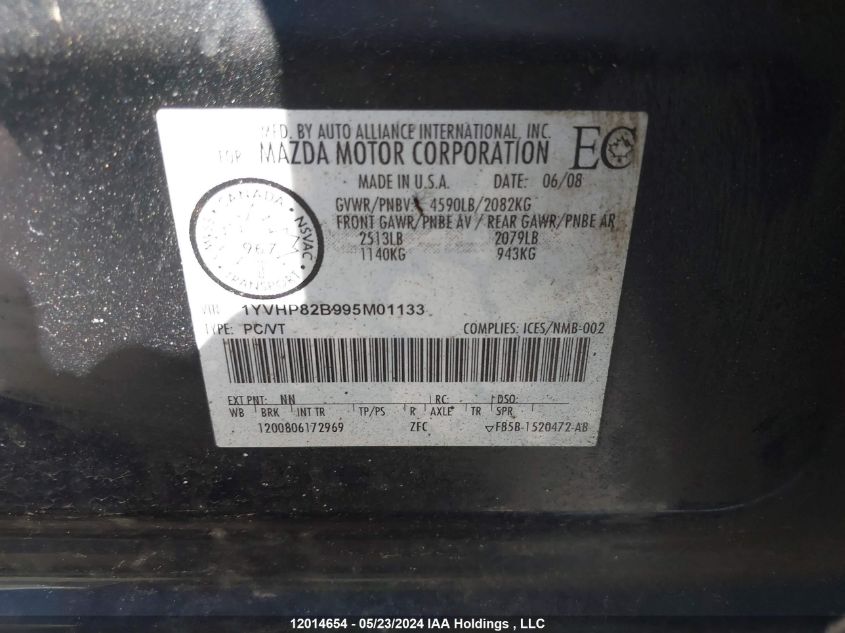2009 Mazda 6 S VIN: 1YVHP82B995M01133 Lot: 12014654