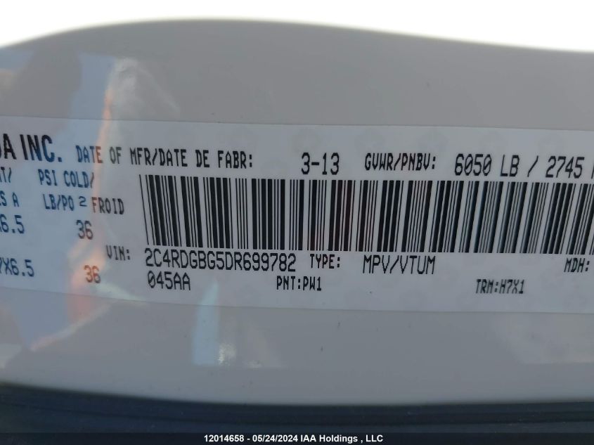 2013 Dodge Grand Caravan VIN: 2C4RDGBG5DR699782 Lot: 12014658