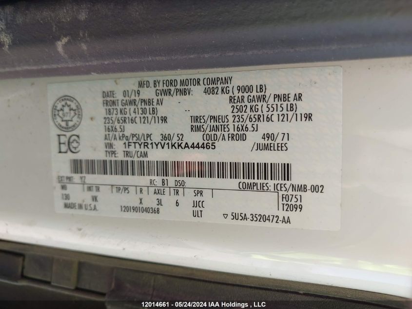2019 Ford Transit T-250 VIN: 1FTYR1YV1KKA44465 Lot: 12014661