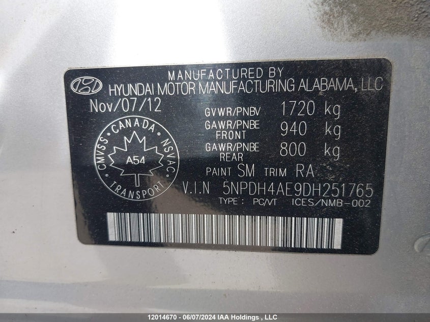 2013 Hyundai Elantra Gls VIN: 5NPDH4AE9DH251765 Lot: 12014670