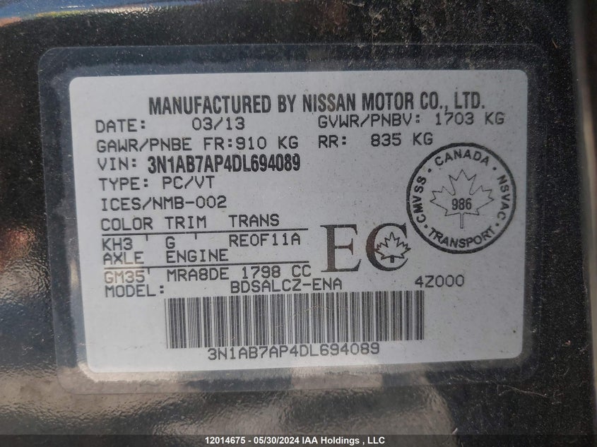 2013 Nissan Sentra VIN: 3N1AB7AP4DL694089 Lot: 12014675