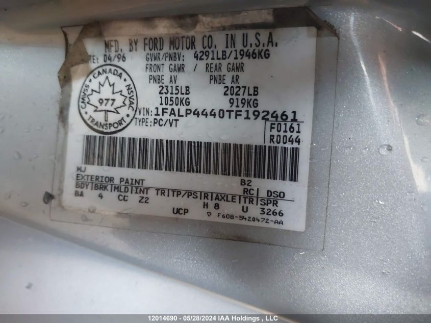 1996 Ford Mustang VIN: 1FALP4440TF192461 Lot: 12014690