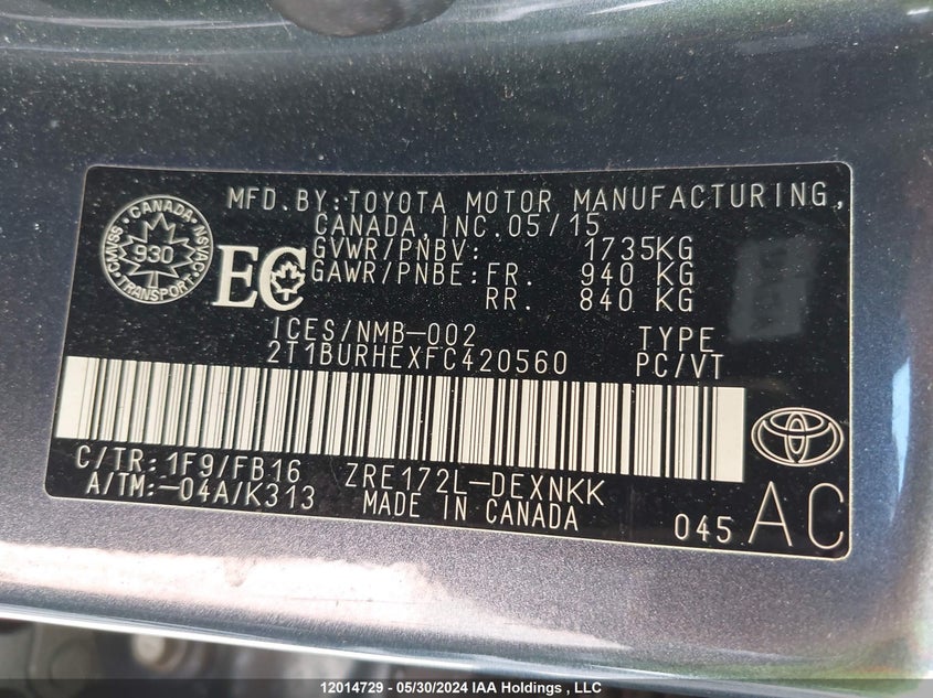 2015 Toyota Corolla Le VIN: 2T1BURHEXFC420560 Lot: 12014729