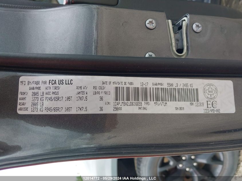 2018 Jeep Cherokee Trailhawk VIN: 1C4PJMBX2JD616659 Lot: 12014772