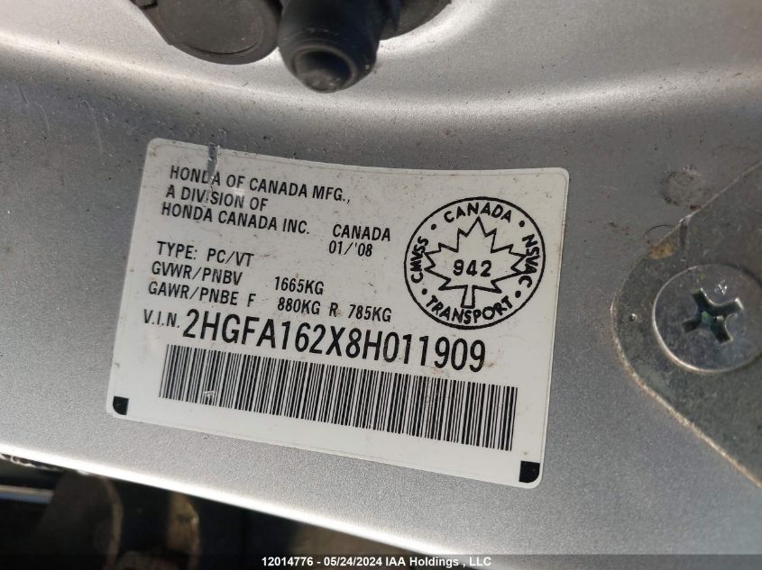 2008 Honda Civic Dx VIN: 2HGFA162X8H011909 Lot: 12014776