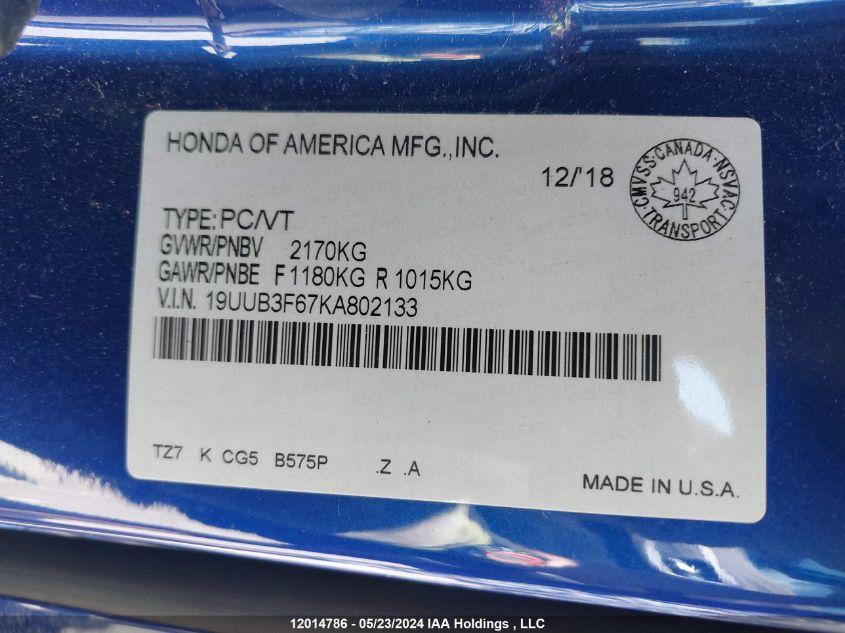 2019 Acura Tlx VIN: 19UUB3F67KA802133 Lot: 12014786