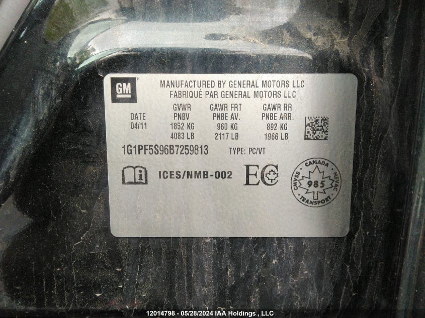 2011 Chevrolet Cruze Lt VIN: 1G1PF5S96B7259813 Lot: 12014798