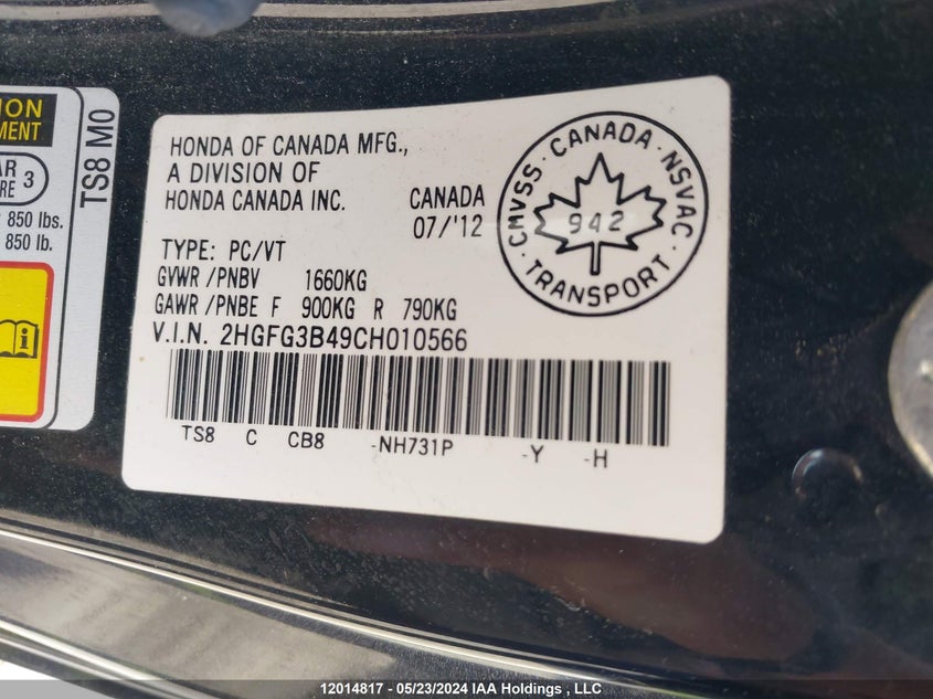 2012 Honda Civic Cpe VIN: 2HGFG3B49CH010566 Lot: 12014817