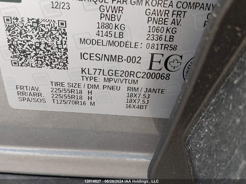 2024 Chevrolet Trax VIN: KL77LGE20RC200068 Lot: 12014827