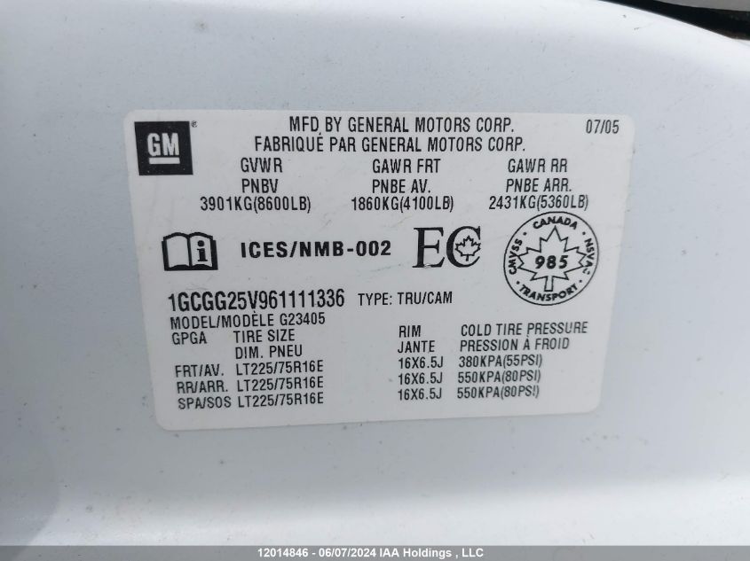 2006 Chevrolet Express VIN: 1GCGG25V961111336 Lot: 12014846