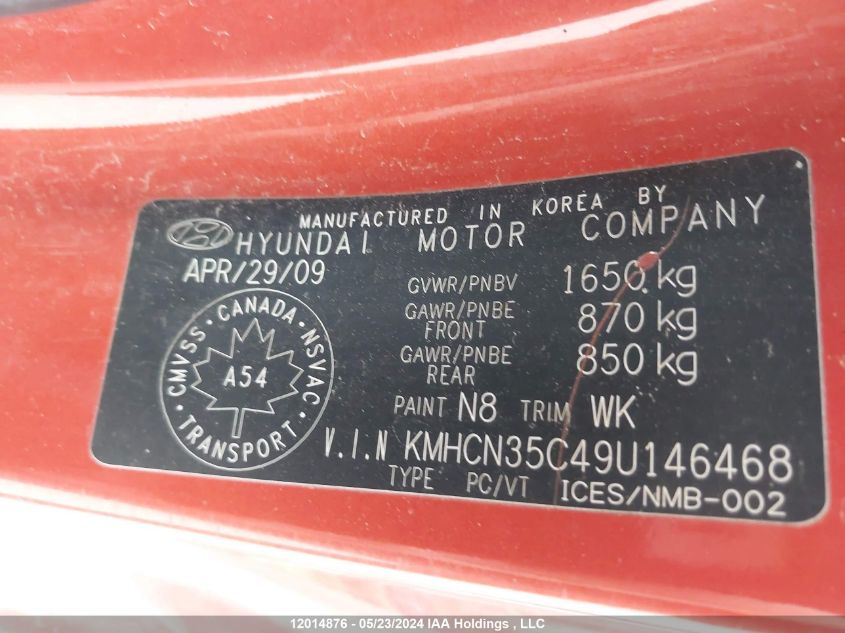 2009 Hyundai Accent VIN: KMHCN35C49U146468 Lot: 12014876