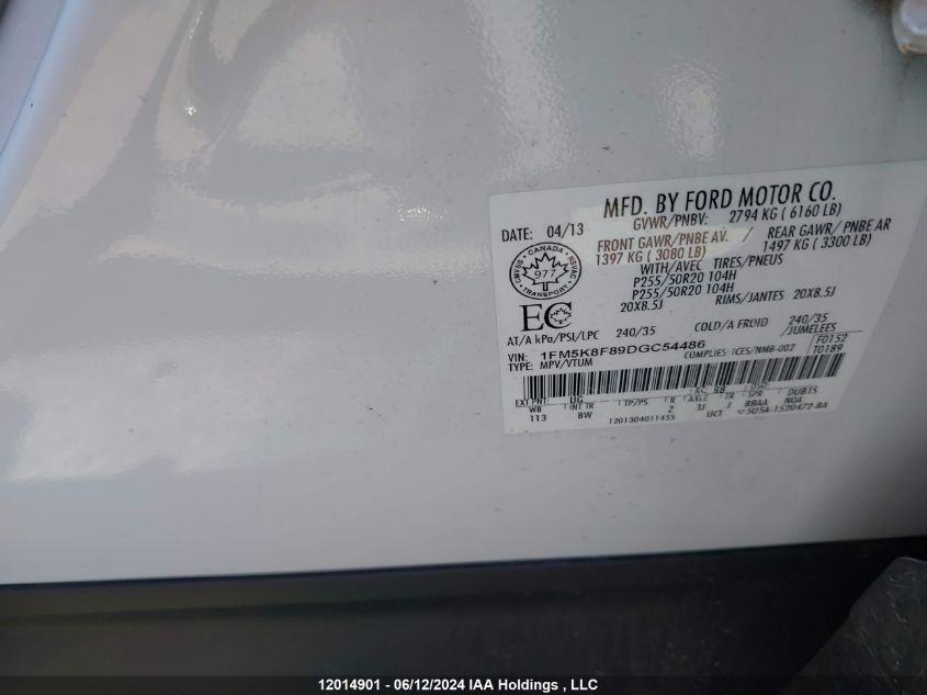 2013 Ford Explorer Limited VIN: 1FM5K8F89DGC54486 Lot: 12014901