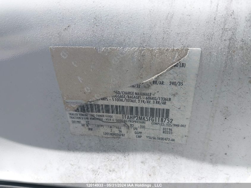 2015 Ford Taurus Police Interceptor VIN: 1FAHP2MK5FG118752 Lot: 12014933