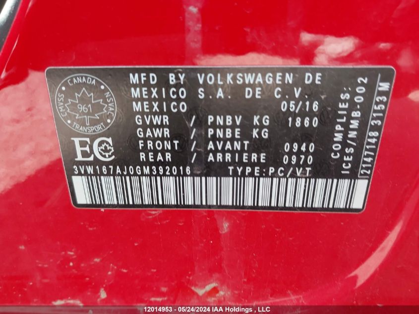 2016 Volkswagen Jetta VIN: 3VW167AJ0GM392016 Lot: 12014953