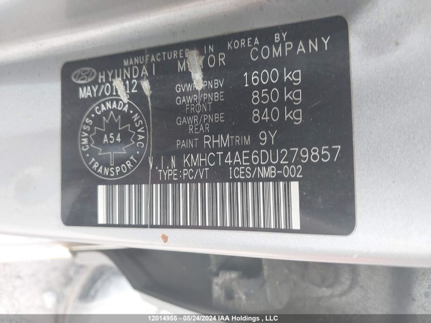 2013 Hyundai Accent VIN: KMHCT4AE6DU279857 Lot: 12014955