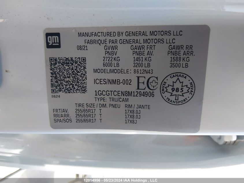 2021 Chevrolet Colorado Lt VIN: 1GCGTCEN8M1294906 Lot: 12014956