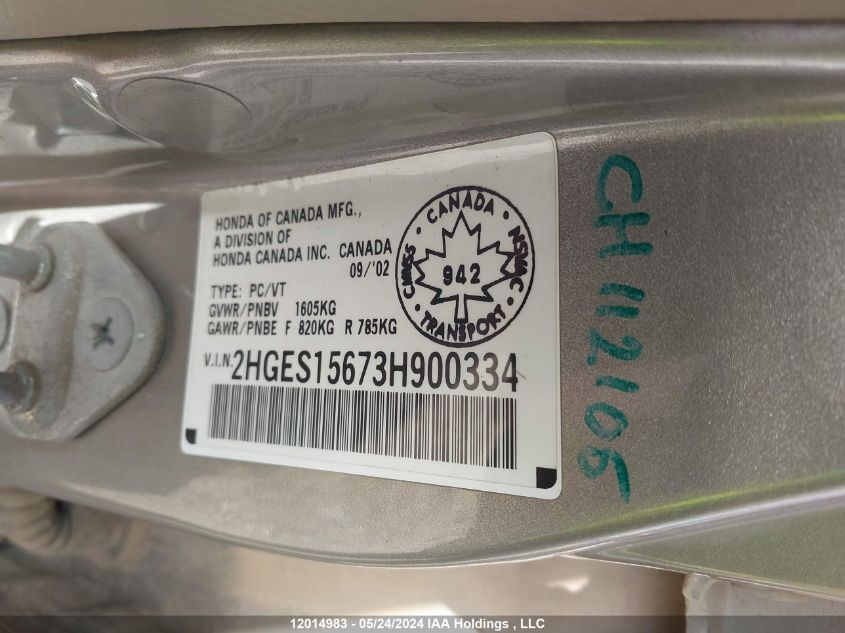 2003 Honda Civic Sdn VIN: 2HGES15673H900334 Lot: 12014983