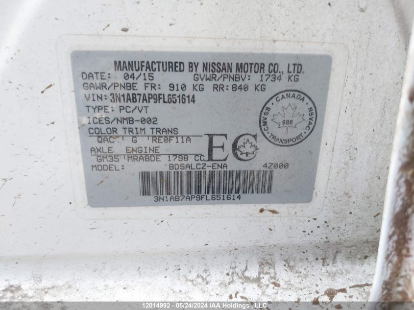 2015 Nissan Sentra VIN: 3N1AB7AP9FL651614 Lot: 12014992