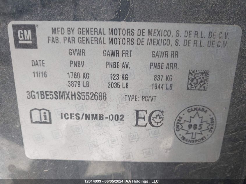 2017 Chevrolet Cruze Lt VIN: 3G1BE5SMXHS552688 Lot: 12014999