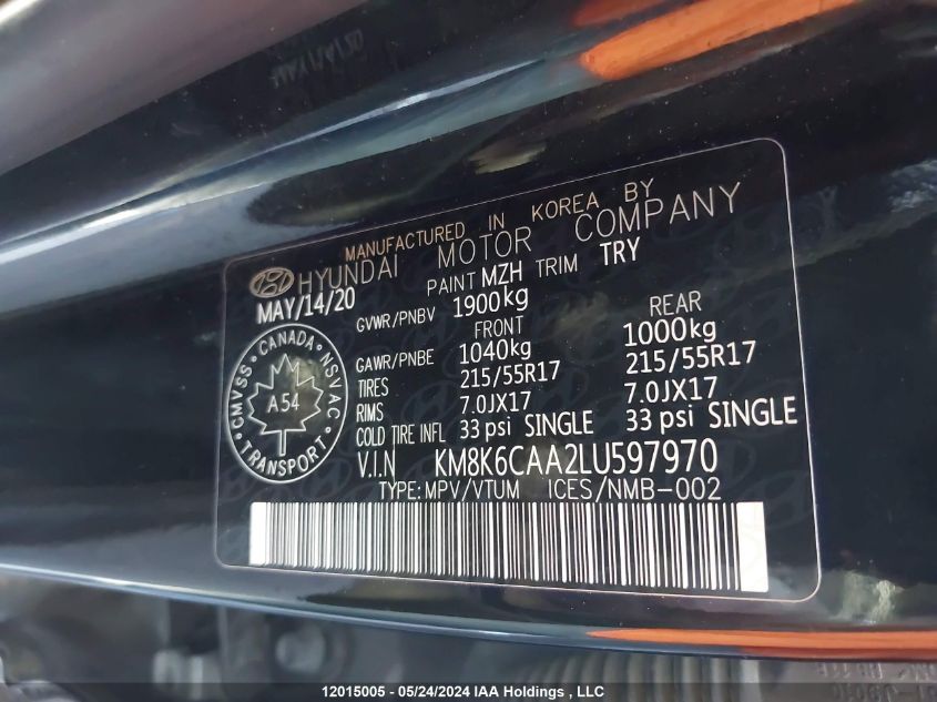2020 Hyundai Kona Luxury Awd VIN: KM8K6CAA2LU597970 Lot: 12015005