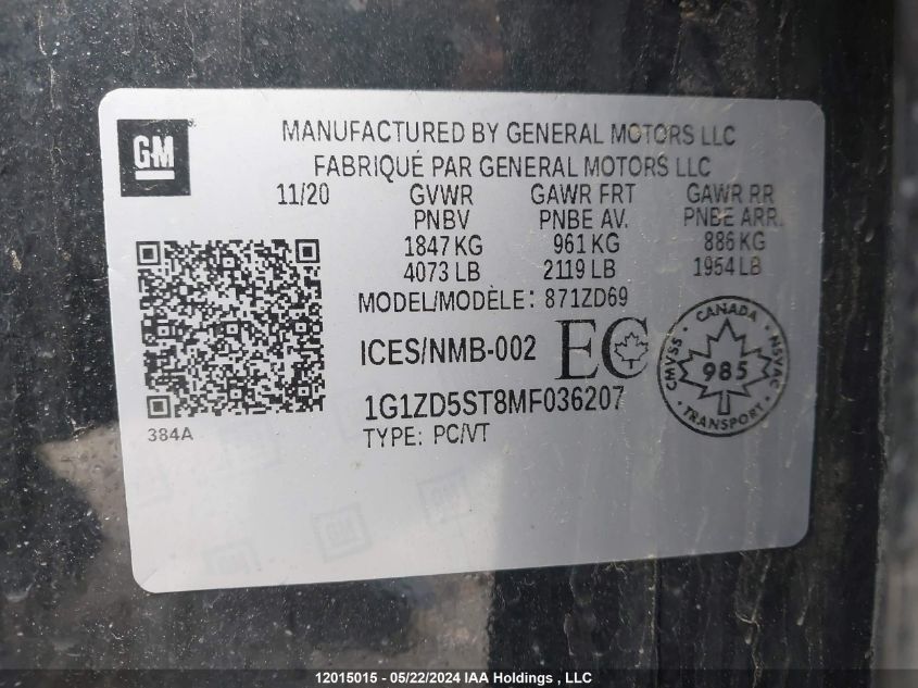 2021 Chevrolet Malibu Lt VIN: 1G1ZD5ST8MF036207 Lot: 12015015
